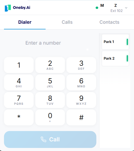 Oneby.Ai softphone dialer showing keypad, call controls, and park lines